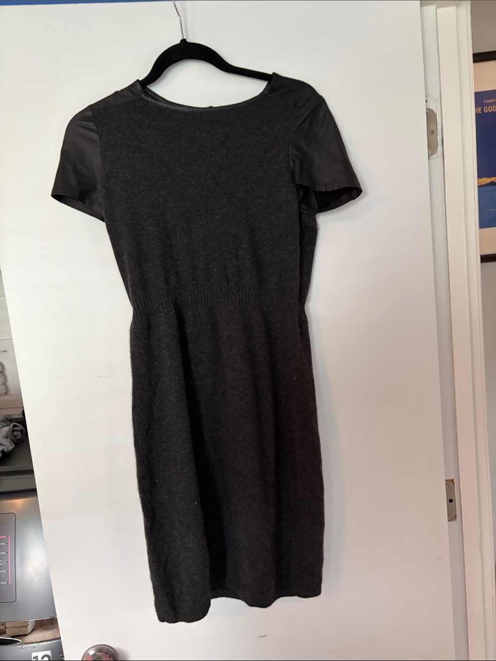 Bloomingdale's Black Knit Dress with Faux-Leather Sleeves
